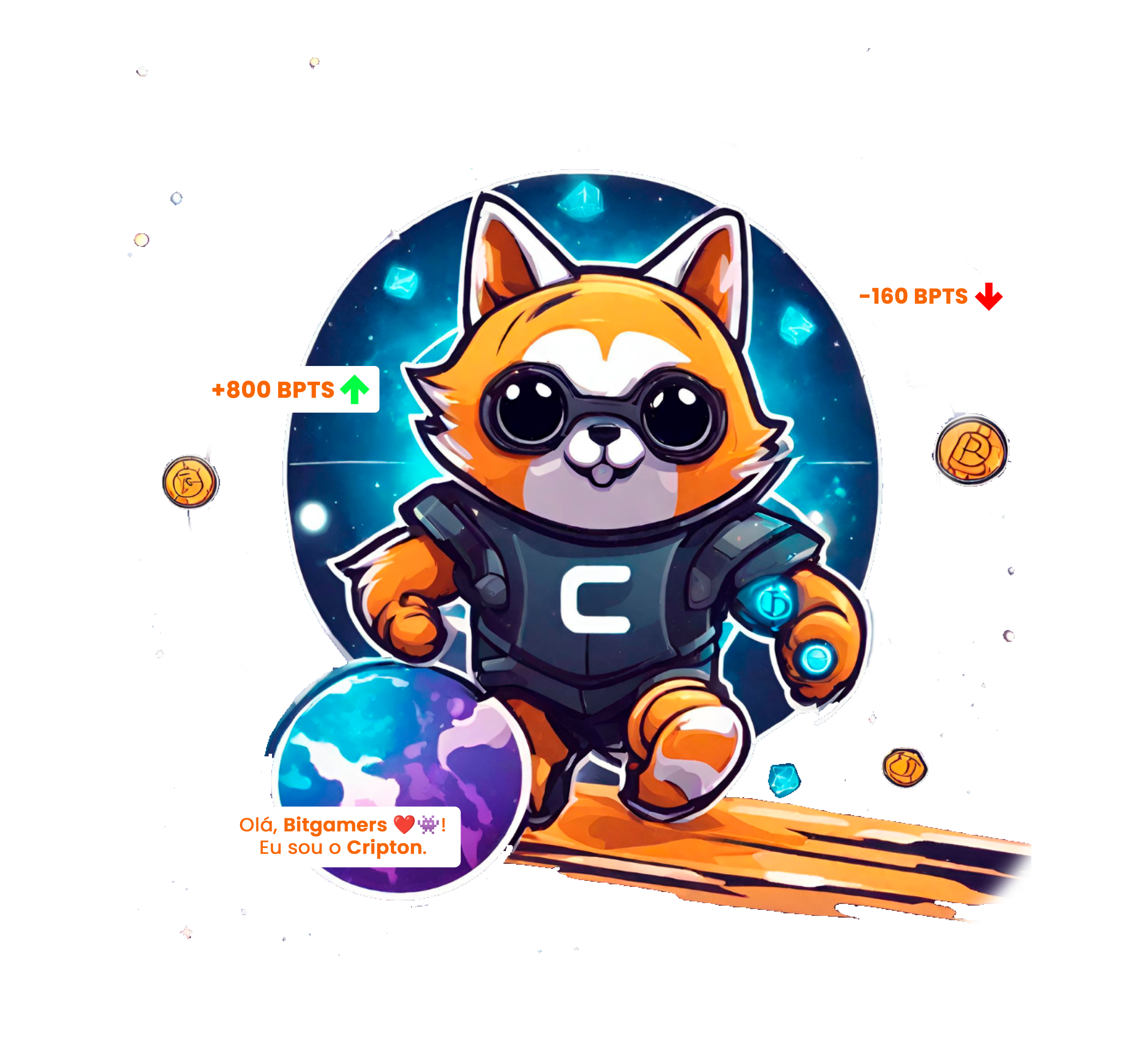 Mascote oficial bitgamer cercado por um cenario estilo espacial e criptomoedas